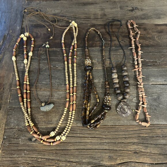 Lot of 5 Vintage Wooden Bead Necklaces | Tribal Boho Clay & Leather String - Picture 3 of 12